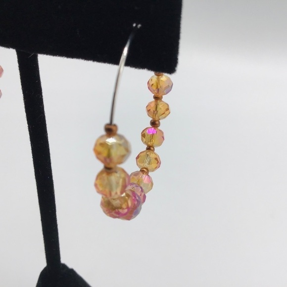 EARRINGS Hoop Boho Beads Rondelle Faceted Peach Copper Color Silver Tone Jewelry - Picture 5 of 8